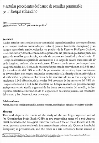 Portada artículo PA_No_15_2004 Plántulas procedentes del banco de semillas germinable de un bosque subandino