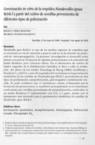 Portada artículo PA_No_16_2005 Germinación in vitro de la orquídea Masdevallia ignea Rchb.f a partir del cultivo de semillas provenientes de diferentes tipos de polinización