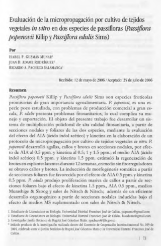 Portada artículo PA_No_16_2005 Evaluación de la micropropagación por cultivo de tejidos vegetales in vitro en dos especies de passifloras (Passiflora popenovii Killip y Passiflora edulis Sims)