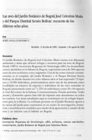 Portada artículo PA_No_16_2005 Las aves del Jardín Botánico de Bogotá “José Celestino Mutis” y del parque Distrital Simón Bolívar: recuento de los últimos ocho años