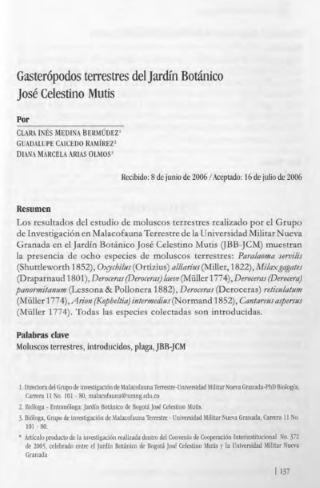 Portada artículo PA_No_16_2005 Gasterópodos terrestres del Jardín Botánico de Bogotá “José Celestino Mutis”