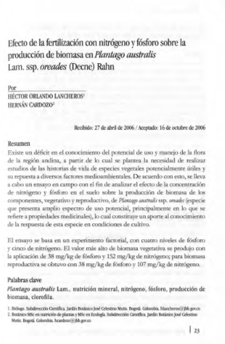 Portada artículo PA_No_17_2006 Efecto de la fertilización con nitrógeno y fósforo sobre la producción de biomasa en Plantago australis Larm. ssp. oreades (Decne) Rahn