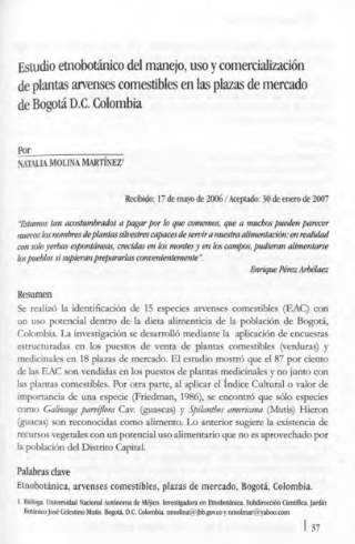 Portada artículo PA_No_17_2006 Estudio etnobotánico del manejo, uso y comercialización de plantas arvenses comestibles en las plazas de mercado de Bogotá, D.C. Colombia