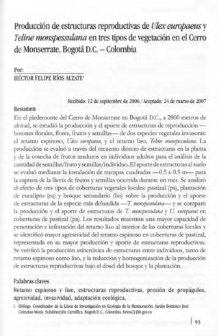 Portada artículo PA_No_17_2006 Producción de estructuras reproductivas de Ulex europaeus y Teline monspessulana en tres tipos de vegetación en el Cerro de Monserrate, Bogotá, D.C. – Colombia