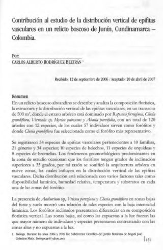 Portada artículo PA_No_17_2006 Contribución al estudio de la distribución vertical de epifitas vasculares en un relicto boscoso de Junín, Cundinamarca Colombia