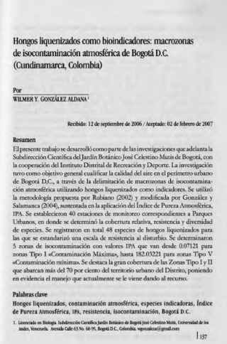 Portada artículo PA_No_17_2006 Hongos liquenizados como bioindicadores: macrozonas de isocontaminación atmosférica de Bogotá, D.C. (Cundinamarca, Colombia)