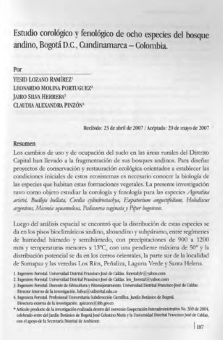 Portada artículo PA_No_17_2006 Estudio corológico y fenológico de ocho especies del bosque andino con fines de restauración ecológica