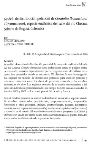 Portada artículo PA_No_19_2008 Modelo de distribución potencial de Condalia thomasiana (Rhamnaceae), especie endémica del valle del río Checua, Sabana de Bogotá, Colombia