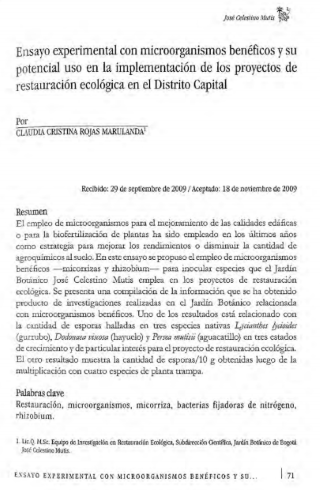 Portada artículo PA_No_19_2008 Ensayo experimental con microorganismos benéficos y su potencial uso en la implementación de los proyectos de restauración ecológica en el Distrito Capital