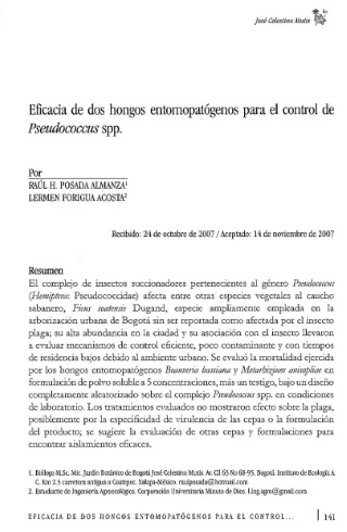 Portada artículo PA_No_19_2008 Eficacia de dos hongos entomopatógenos para el control de Pseudococcus spp.