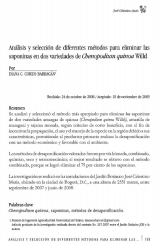 Portada artículo PA_No_19_2008 Análisis y selección de diferentes métodos para eliminar las saponinas en dos variedades de Chenopodium quinoa Willd.