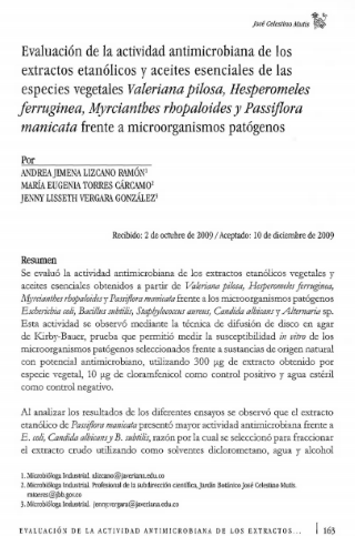 Portada artículo PA_No_19_2008 Evaluación de la actividad antimicrobiana de los extractos etanólicos y aceites esenciales de las especies vegetales Valeriana pilosa, Hesperomeles ferruginea, Lyrcianthes rhopaloides y Passiflora manicata frente a microorganismos patógenos