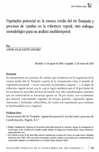 Portada artículo PA_No_19_2008 Vegetación potencial en la cuenca media del río Tunjuelo y procesos de cambio en la cobertura vegetal, otro enfoque metodológico para un análisis multitemporal