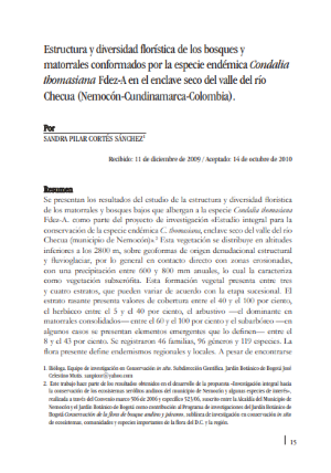 Portada artículo PA_No_20_2011 Estructura y diversidad florística de los bosques y matorrales conformados por la especie endémica Condalia thomasiana Fdez-A. en el enclave seco del valle del río Checua (Nemocón-Cundinamarca-Colombia)