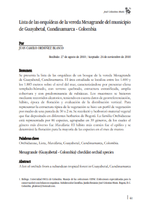 Portada artículo PA_No_20_2011 Lista de las orquídeas de la vereda Mesagrande del municipio de Guayabetal, Cundinamarca – Colombia