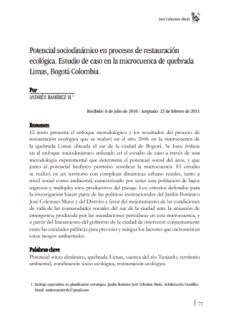 Portada artículo PA_No_20_2011 Potencial sociodinámico en procesos de restauración ecológica. Estudio de caso en la microcuenca de quebrada Limas, Bogotá Colombia