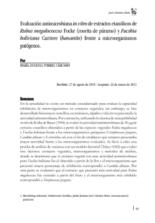 Portada artículo PA_No_20_2011 Evaluación antimicrobiana in vitro de extractos etanólicos de Rubus megalococcus Focke (morita de páramo) y Fucshia boliviana Carriere (bananito) frente a microorganismos patógenos