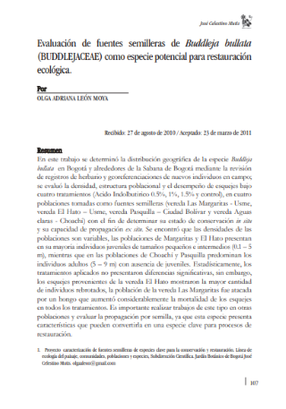 Portada artículo PA_No_20_2011 Evaluación de fuentes semilleras de Buddleja bullata (BUDDLEJACEAE) como especie potencial para restauración ecológica