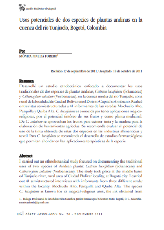 Portada artículo PA_No_20_2011 Usos potenciales de dos especies de plantas andinas en la cuenca del río Tunjuelo, Bogotá, Colombia