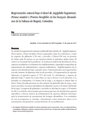 Portada artículo PA_No_20_2011 Regeneración natural bajo el dosel de Aegiphila bogotensis, Persea mutisii y Prunus buxifolia en los bosques Altoandinos de la Sabana de Bogotá, Colombia