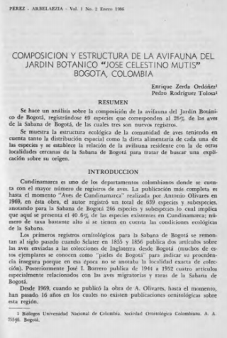 Portada artículo PA_No_2_1986 Composición y estructura de la avifauna del Jardín Botánico “José Celestino Mutis”, Bogotá, Colombia