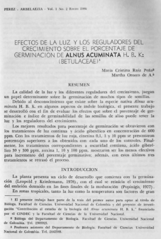 Portada artículo PA_No_2_1986 Efectos de la luz y los reguladores de crecimiento sobre el porcentaje de germinación de Alnus acuminata H.B.K.: (Betulaceae)