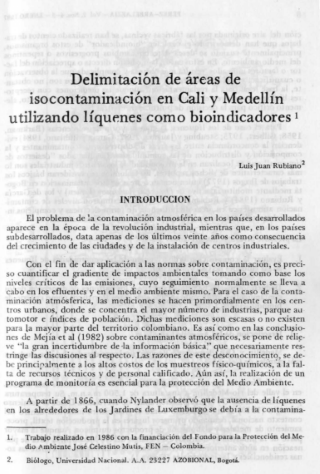 Portada artículo PA_No_4-5_1987 Delimitación en áreas de isocontaminación en Cali y Medellín utilizando líquenes como bioindicadores