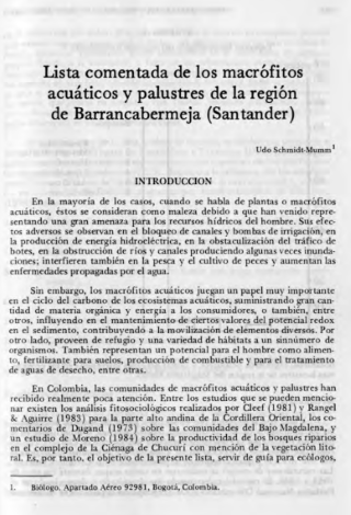 Portada artículo PA_No_4-5_1987 Lista comentada de los macrófitos acuáticos y palustres de la región de Barrancabermeja (Santander)