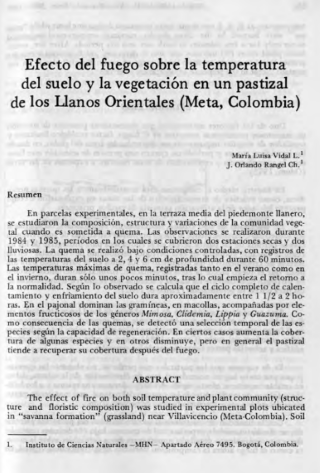 Portada artículo PA_No_4-5_1987 Efecto del fuego sobre la temperatura del suelo y la vegetación en un pastizal de los Llanos Orientales (Meta, Colombia)