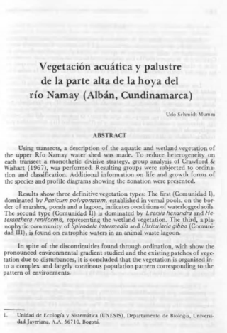 Portada artículo PA_No_6-7_1988 Vegetación acuática y palustre de la parte alta de la hoya del río Namay (Albán, Cundinamarca)