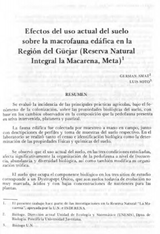 Portada artículo PA_No_6-7_1988 Efectos del uso actual del suelo sobre la macrofauna edáfica en la región del Güejar (Reserva Natural Integral La Macarena, Meta)