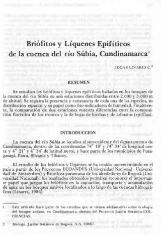 Portada artículo PA_No_6-7_1988 Briófitos y Líquenes Epifíticos de la cuenca del río Súbia, Cundinamarca