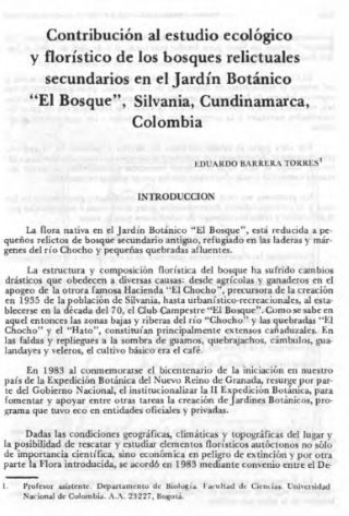 Portada artículo PA_No_6-7_1988 Contribución al estudio ecológico y florístico de los bosques relictuales secundarios en el Jardín Botánico “El Bosque”, Silvania, Cundinamarca, Colombia