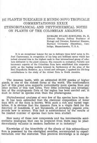 Portada artículo PA_No_8_1989 De plantis toxicariis e mundo novo tropicale commentationes XXXIX. Ethnobotanical and phytochemical notes on plants of the colombian amazonia