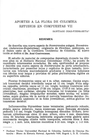 Portada artículo PA_No_8_1989 Aportes a la flora de Colombia. Estudios en compuestas VII