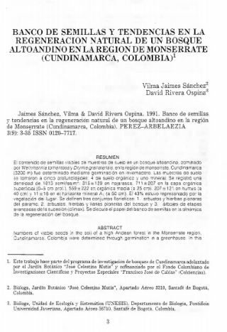 Portada artículo PA_No_9_1991 Banco de semillas y tendencias en la regeneración natural de un bosque altoandino en la región de Monserrate (Cundinamarca, Colombia)