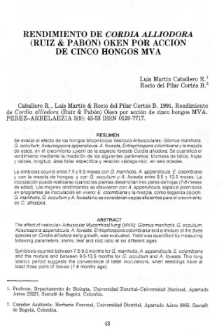Portada artículo PA_No_9_1991 Rendimiento de Cordia alliodora (Ruíz & Pabón) Oken por acción de cinco hongos MVA
