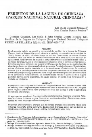 Portada artículo PA_No_9_1991 Perifiton de la Laguna de Chingaza (Parque Nacional Natural Chingaza)