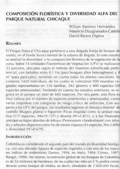 Portada artículo PA_No_12_2001 Composición Florística y diversidad alfa del parque Natural Chicaque