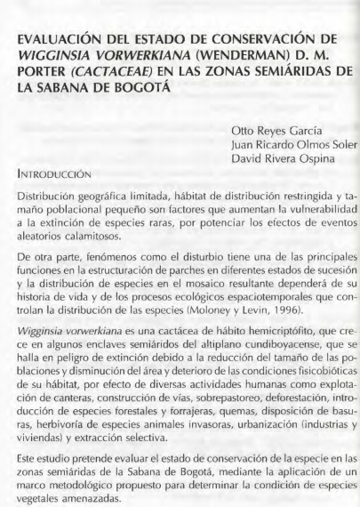 Portada artículo PA_No_12_2001 Evaluación del estado de conservación de Wingginsia vorwerkiana (Wenderman) D. M. Porter (Cactaceae) en las zonas semiáridas de la Sabana de Bogotá