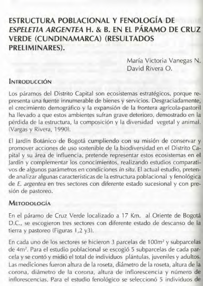 Portada artículo PA_No_12_2001 Estructura poblacional y fenología de Espeletia argentea H. & B. en el páramo de Cruz Verde (Cundinamarca) resultados preliminares