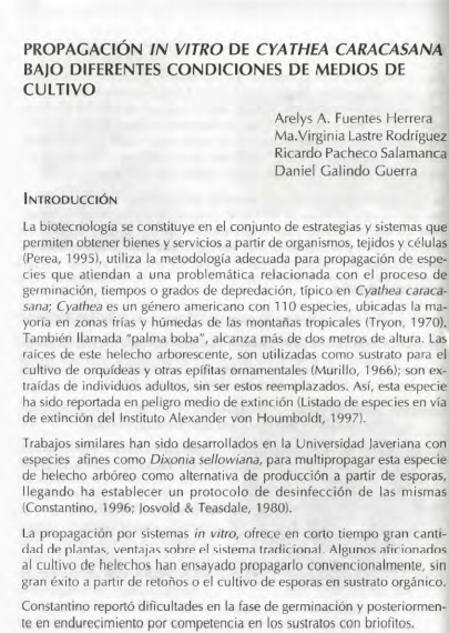 Portada artículo PA_No_12_2001 Propagación in vitro de Cyathea caracasana bajo diferentes condiciones de medio de cultivo