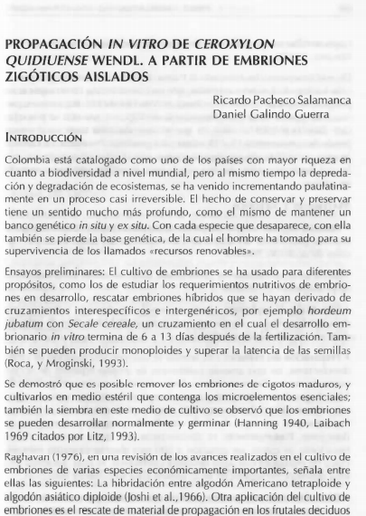 Portada artículo PA_No_12_2001 Propagación in vitro de Ceroxylon quindiuense Wendl. a partir de embriones zigóticos aislados