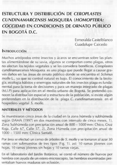 Portada artículo PA_No_12_2001 Estructura y distribución de Ceroplastes cundinamarcensis Mosquera (Homoptera: Coccidae) en condiciones de ornato público en Bogotá D.C.
