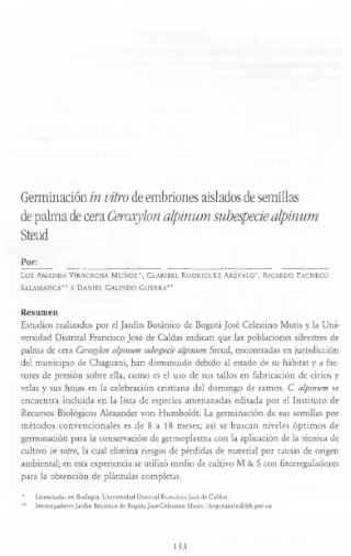 Portada artículo PA_No_13_2002 Germinación in vitro de embriones aislados de semillas de palma de cera Ceroxylum alpinum subespecie alpinum Steud