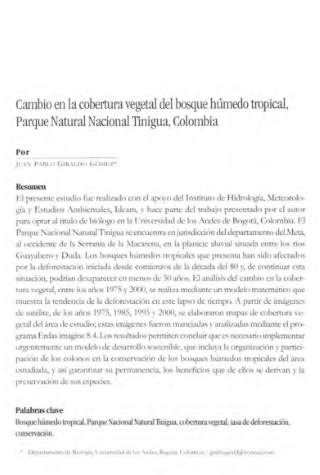Portada artículo PA_No_14_2003 Cambio en la cobertura vegetal del bosque húmedo tropical, Parque Natural Nacional Tinigua, Colombia
