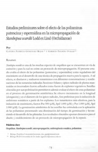 Portada artículo PA_No_14_2003 Estudios preliminares sobre el efecto de las poliaminas putrescina y esperminida en la micropropagación de Stanbopea wardii Lodd ex Lind (Orchidaceae)