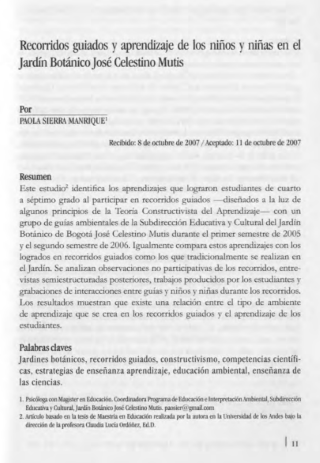 Portada artículo PA_No_18_2007 Recorridos guiados y aprendizaje de los niños y niñas en el Jardín Botánico José Celestino Mutis