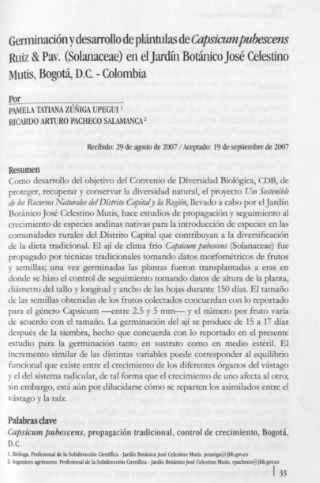Portada artículo PA_No_18_2007 Geminación y desarrollo de plántulas de Capsicum pubescens Ruiz & Pav. (Solanaceae) en el Jardín Botánico José Celestino Mutis, Bogotá, D.C. - Colombia