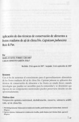 Portada artículo PA_No_18_2007 Aplicación de dos técnicas de conservación de alimentos a frutos maduros de ají de clima frío. Capsicum pubescens Ruiz & Pav.